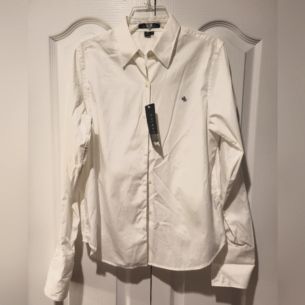 NWT Women's Lauren by Ralph Lauren white button-up shirt, cuff-link sleeves